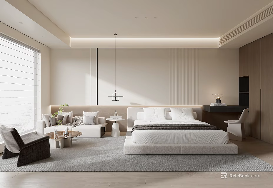 Modern Hotel Guest Room With Large Bed Sofa Coffee Table And Bright Lighting 3d model 