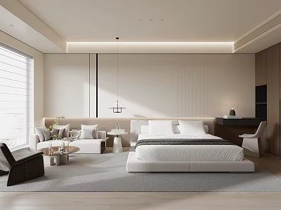 Modern Hotel Guest Room With Large Bed Sofa Coffee Table And Bright Lighting 3d model