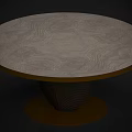 Round Modern Dining Table With Wooden Textured Top And Brown Striped Base