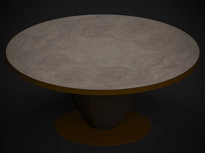 Round Modern Dining Table With Wooden Textured Top And Brown Striped Base 3d model