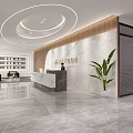 Modern Front Reception Desk With Marble Countertop Wooden Wall Company Logo Elegant Office Interior