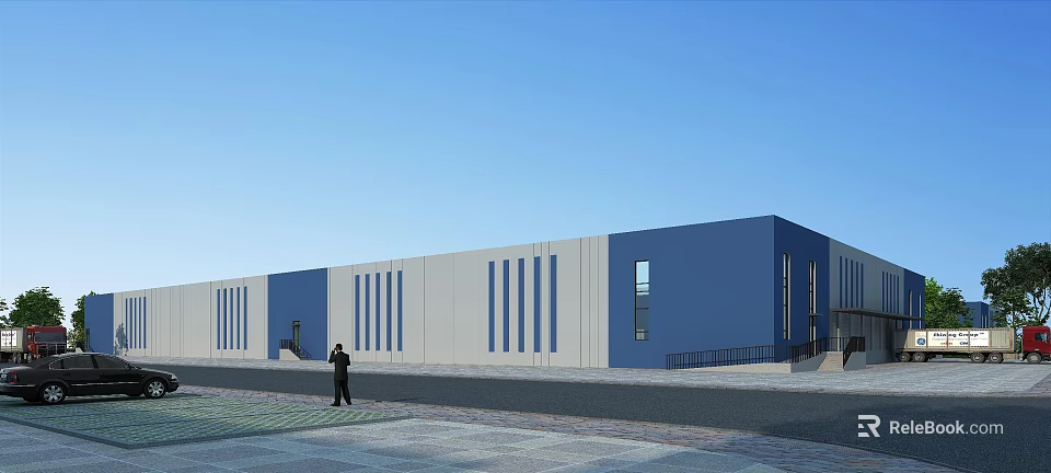 Modern Industrial Factory Building With Blue White Exterior Walls Windows And Clear Sky 3d model 