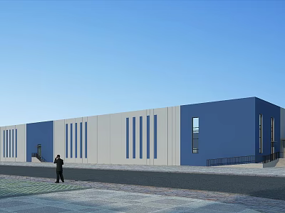 Modern Industrial Factory Building With Blue White Exterior Walls Windows And Clear Sky 3d model