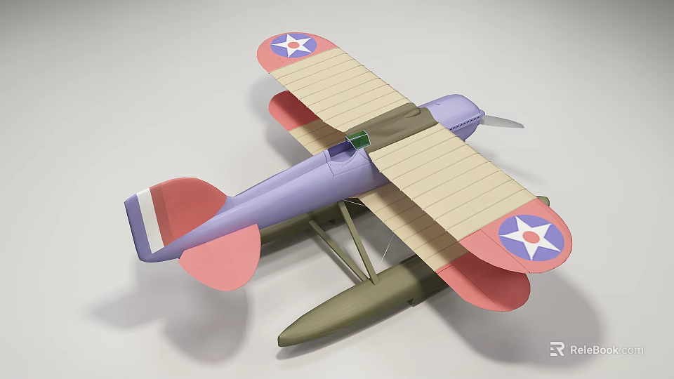 Detailed 3D Model Vintage Biplane Fighter With Purple Pink Beige Wings And Star Emblems 3d model 