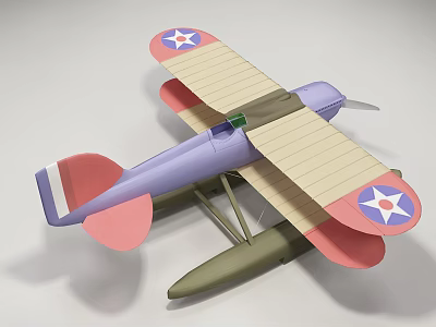 Detailed 3D Model Vintage Biplane Fighter With Purple Pink Beige Wings And Star Emblems 3d model
