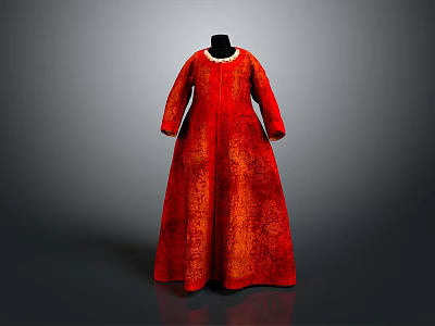 Elegant Red Long Dress With White Collar And Intricate Patterned Design 3d model