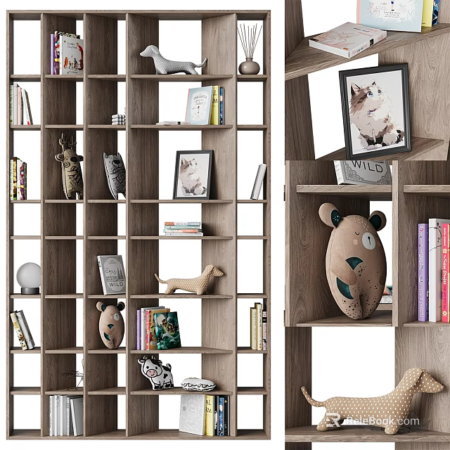 Wooden Decorative Cabinet With Multi Tiered Shelves Books Figurines And Photo Frames 3d model 