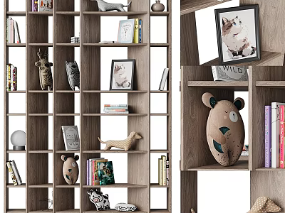 Wooden Decorative Cabinet With Multi Tiered Shelves Books Figurines And Photo Frames 3d model