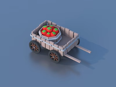 Small Wooden Cart Loaded With Fresh Red Strawberries And Black Wheels 3d model