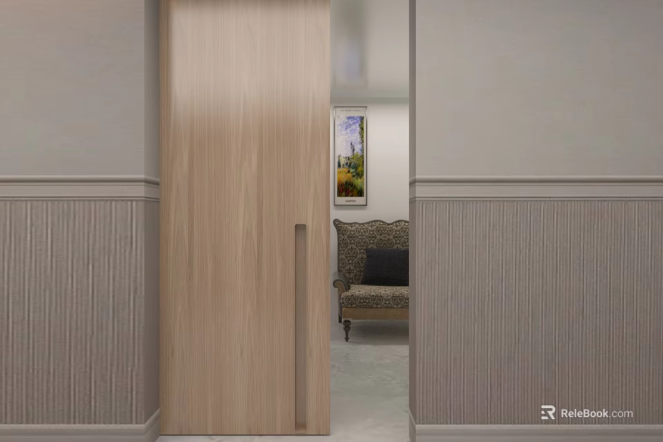 Wooden Sliding Door In Modern Interior With Gray Paneled Walls And Sofa 3d model 