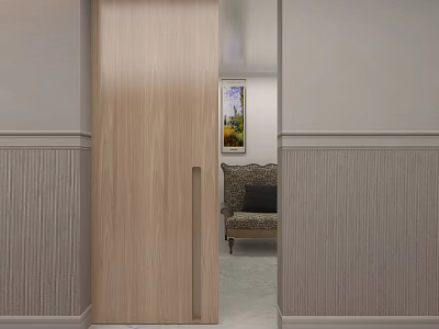 Wooden Sliding Door In Modern Interior With Gray Paneled Walls And Sofa 3d model