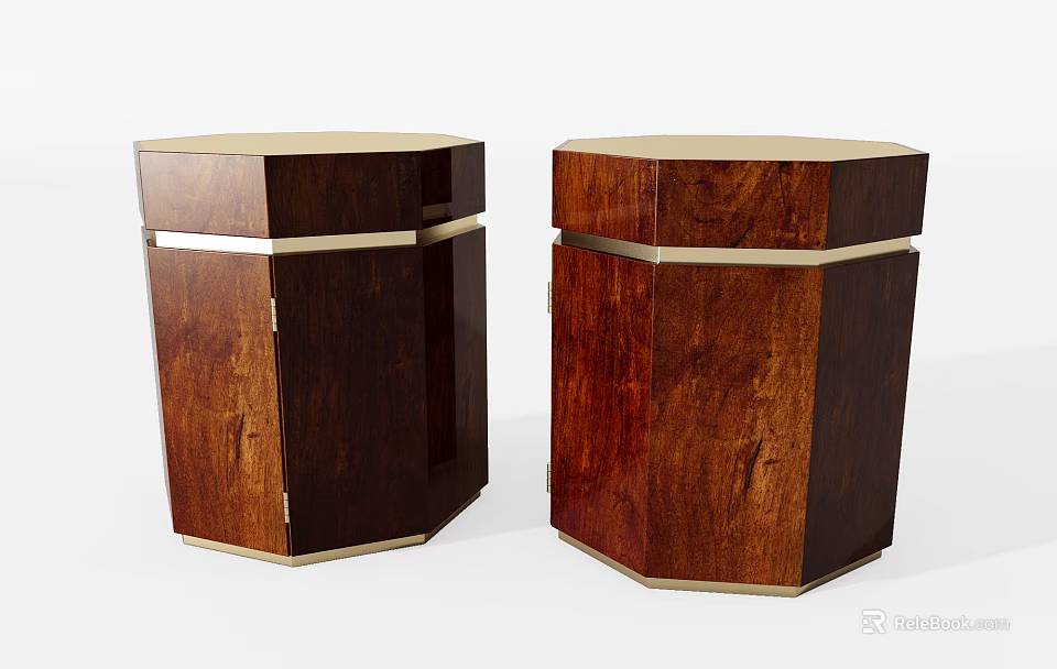 Pair of Hexagonal Dark Wood Side Tables With Elegant Gold Metal Trim Design 3d model 