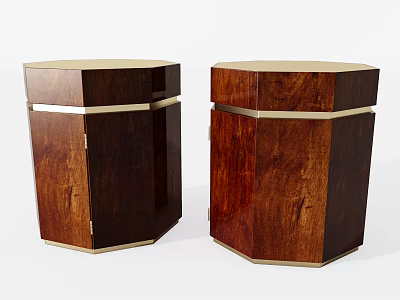Pair of Hexagonal Dark Wood Side Tables With Elegant Gold Metal Trim Design 3d model