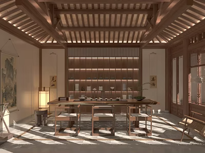 Traditional Chinese Teahouse Interior With Wooden Structure And Tea Sets 3d model