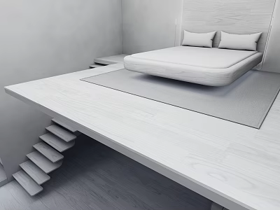 Minimalist Furniture Design Featuring Floating Bed With Two Pillows On Raised Platform And Stairs 3d model