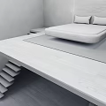 Minimalist Furniture Design Featuring Floating Bed With Two Pillows On Raised Platform And Stairs