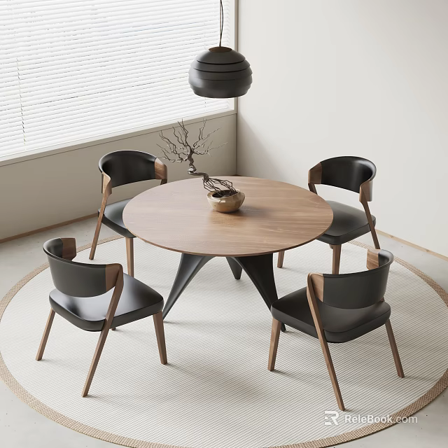 Round Wooden Dining Table Set With Four Black Chairs Wooden Legs And Decorative Ornament 3d model 
