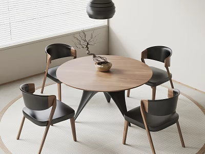 Round Wooden Dining Table Set With Four Black Chairs Wooden Legs And Decorative Ornament 3d model