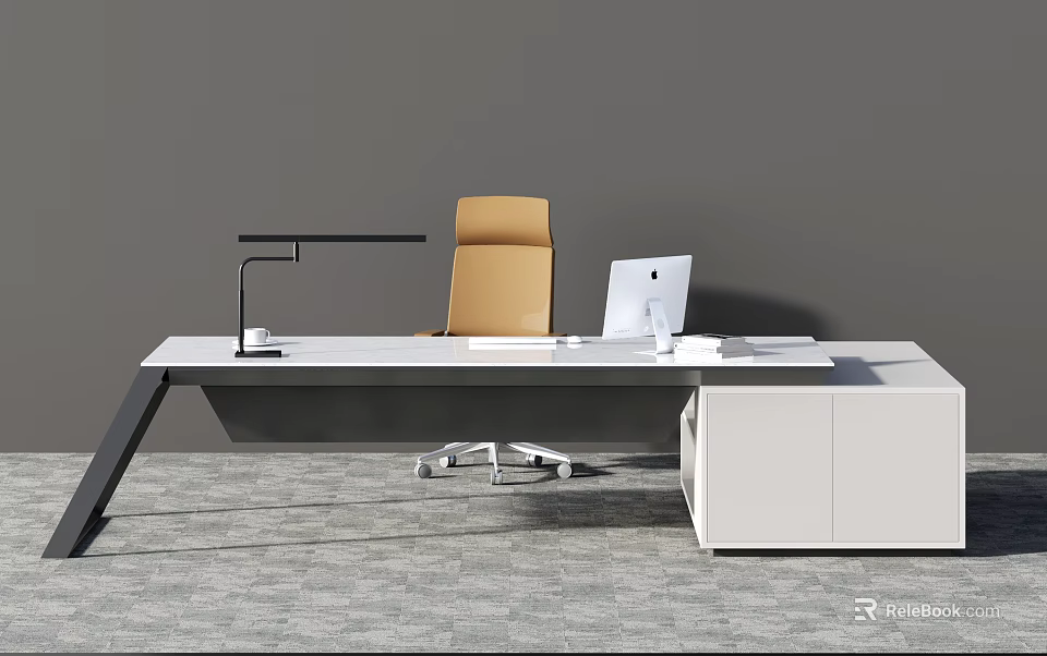 Modern Office Desk With Ergonomic Chair Desk Lamp And White Cabinet 3d model 