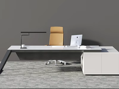 Modern Office Desk With Ergonomic Chair Desk Lamp And White Cabinet 3d model