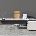 Modern Office Desk With Ergonomic Chair Desk Lamp And White Cabinet