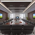 Modern Spacious Conference Room With Round Wooden Table Ergonomic Office Chairs And Dual Large Screens