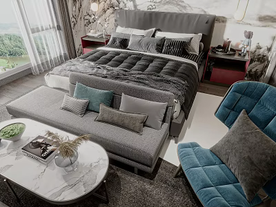 Modern Double Bed Bedroom Interior With Dark Bedding Gray Sofa And Blue Accent Chair 3d model