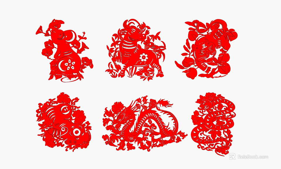 Chinese Zodiac Animals Red Paper Cut Wall Decor with Traditional Floral Patterns for Home Decoration 3d model 