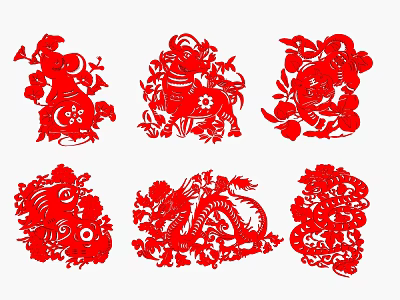 Chinese Zodiac Animals Red Paper Cut Wall Decor with Traditional Floral Patterns for Home Decoration 3d model