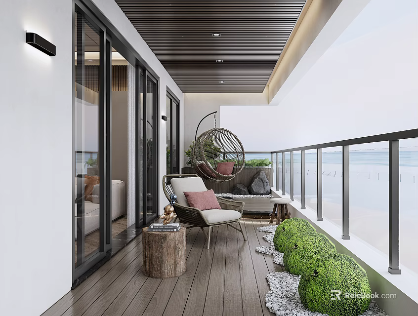Cozy Home Balcony With Wooden Flooring Rattan Chairs Green Plants And Wall Lamp 3d model 