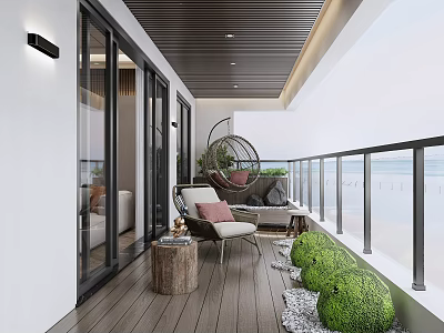 Cozy Home Balcony With Wooden Flooring Rattan Chairs Green Plants And Wall Lamp 3d model