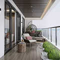 Cozy Home Balcony With Wooden Flooring Rattan Chairs Green Plants And Wall Lamp