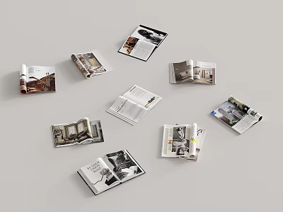Multiple Open Interior Design Magazines Featuring Room Photos And Furniture Layouts 3d model