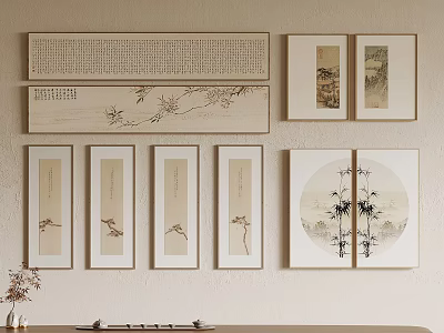 Chinese Traditional Wall Art With Calligraphy Paintings Bamboo And Flower Designs 3d model