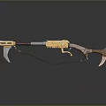 Yellow Weapon With Wooden Stock Metal Components And Hook Rope Attachment On Gray Reflective Surface
