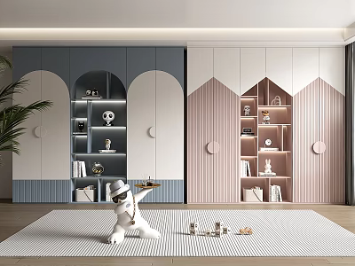 Modern Stylish Wardrobe Design With Arched Doors Colored Panels Open Shelves And Decor Items 3d model