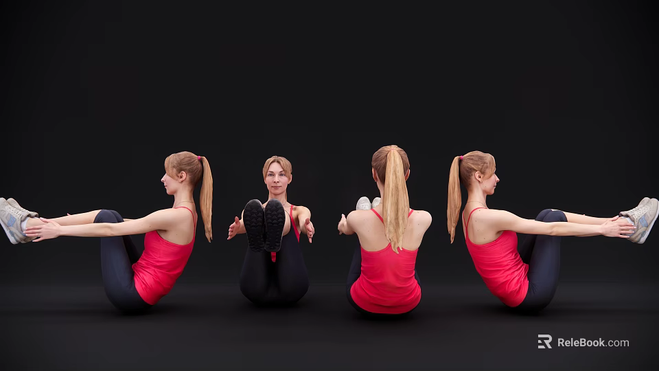 Women Performing Exercises In Red Tops And Black Pants From Different Angles Against Black Background 3d model 