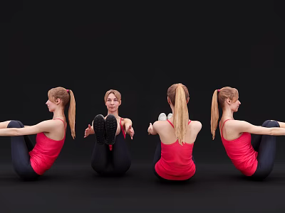 Women Performing Exercises In Red Tops And Black Pants From Different Angles Against Black Background 3d model