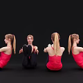 Women Performing Exercises In Red Tops And Black Pants From Different Angles Against Black Background