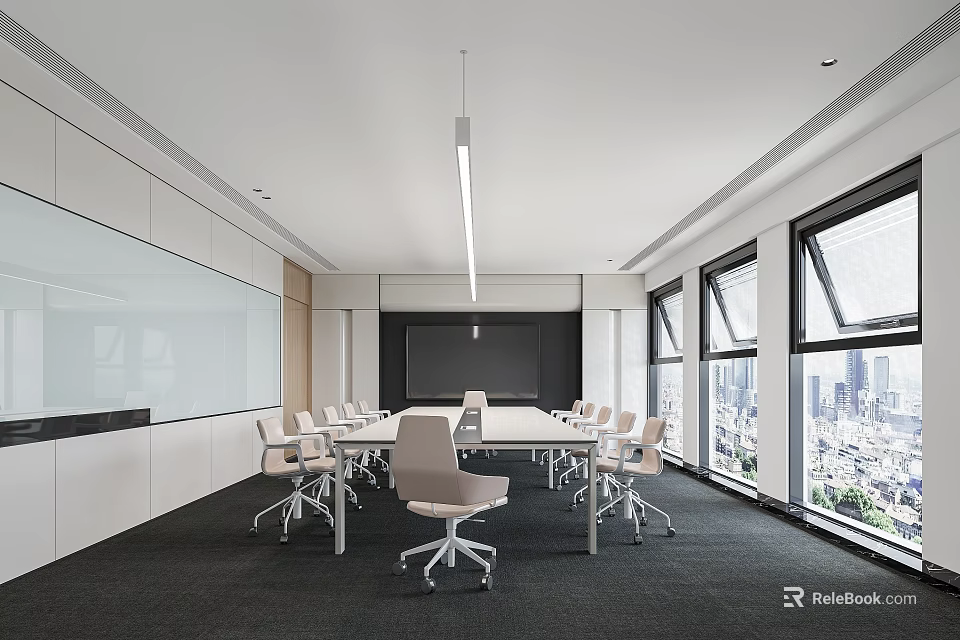 Modern Conference Room Interior With White Long Table White Chairs And Floor To Ceiling Windows 3d model 