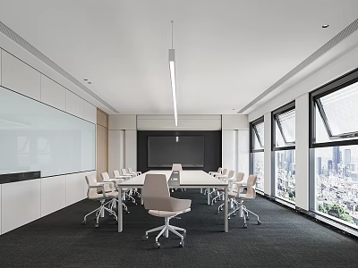 Modern Conference Room Interior With White Long Table White Chairs And Floor To Ceiling Windows 3d model