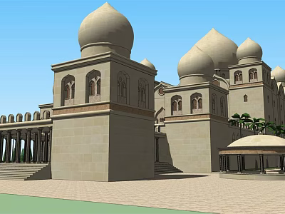 Traditional Hotel Building With Beige Domes Arched Windows Columns And Palm Trees 3d model