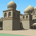Traditional Hotel Building With Beige Domes Arched Windows Columns And Palm Trees