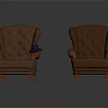 Two Brown Leather Tufted Armchairs With Armrests Wooden Legs And Hat On One