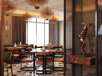 Elegant Restaurant Interior With Chandeliers Large Windows Tables Chairs And Decorative Sculpture 3d model