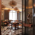 Elegant Restaurant Interior With Chandeliers Large Windows Tables Chairs And Decorative Sculpture