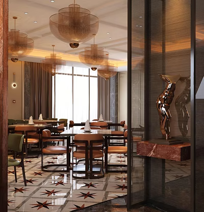 Elegant Restaurant Interior With Chandeliers Large Windows Tables Chairs And Decorative Sculpture 3d model