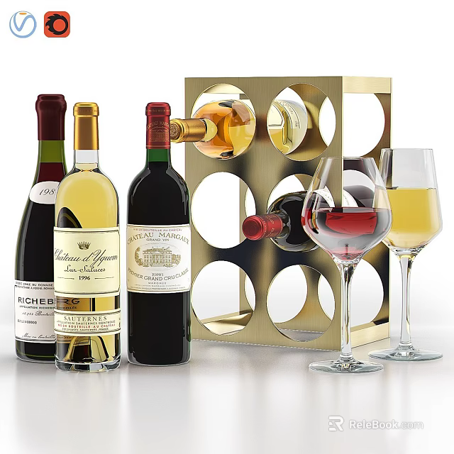 Assorted Wine Bottles With Golden Rack And Red White Wine Glasses 3d model 
