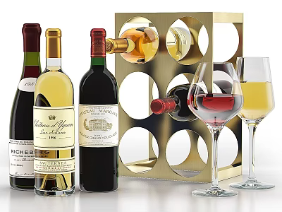 Assorted Wine Bottles With Golden Rack And Red White Wine Glasses 3d model