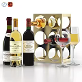 Assorted Wine Bottles With Golden Rack And Red White Wine Glasses